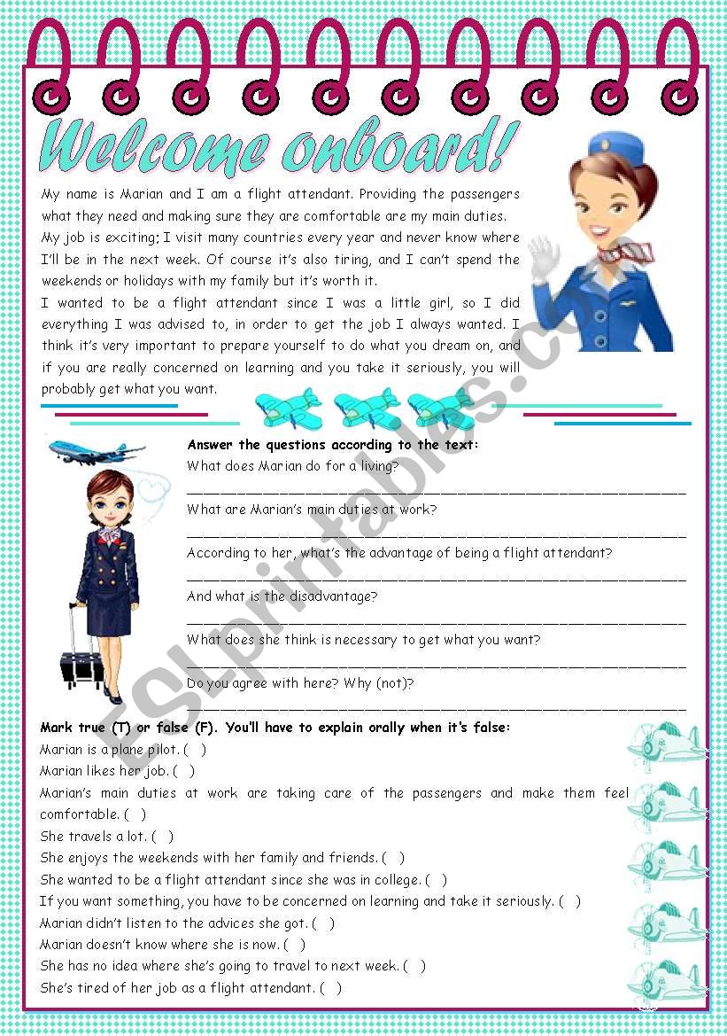 Welcome onboard! â€“ reading comprehension + grammar (the use of the infinitive) [5 tasks] KEYS INCLUDED ((3 pages)) ***editable